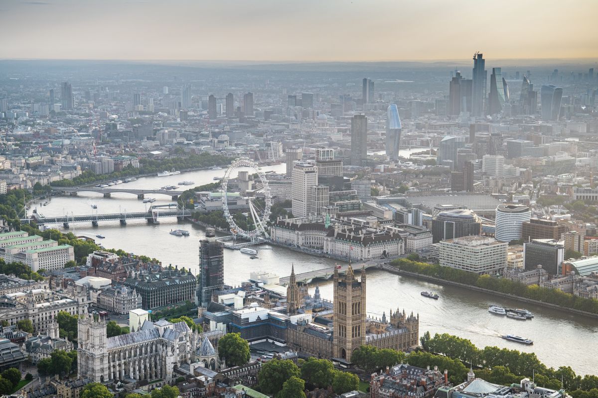 Houses of Parliament, Westminster, River Thames, London, aerial view. 411438