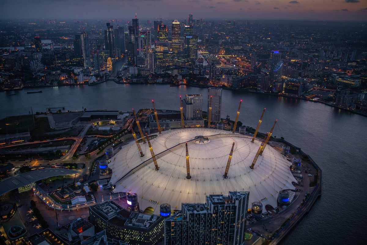 Night aerial view of the O2, Greenwich, London. 384817