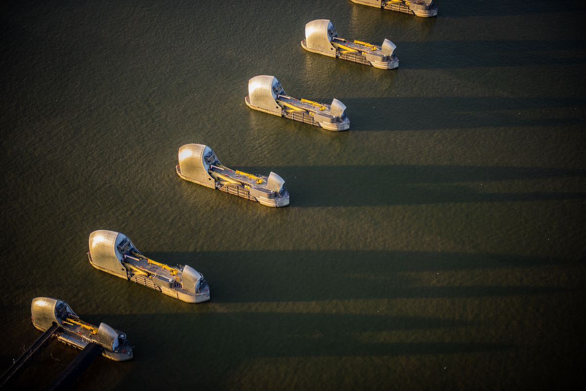Aerial view of Thames Barrier, River Thames, London. 3529