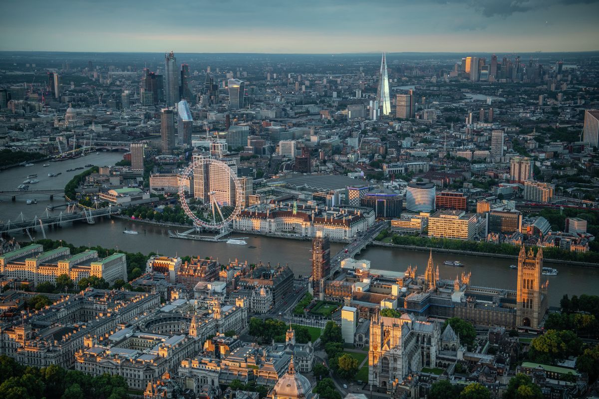 Aerial view of Houses of Parliament, Westminster, River Thames and London Eye, London. 371604