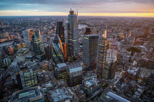 Dusk aerial view of the City of London, London. 371997