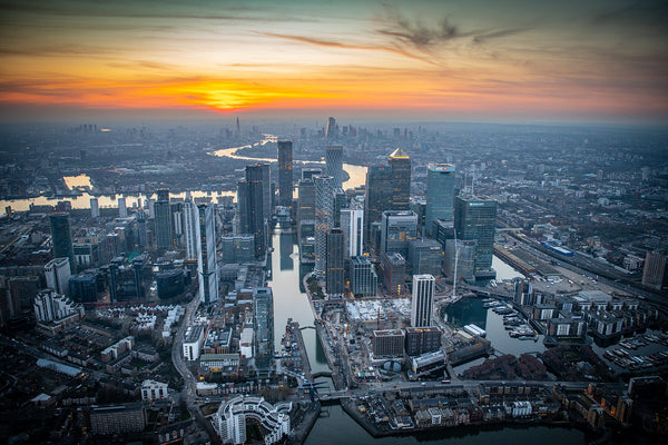 Dusk aerial view of Canary Wharf, London .JasonHawkes-593760
