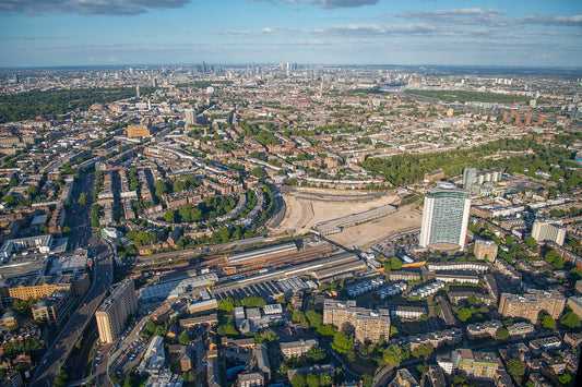Helicopter aerial view of Earls Court London. Giclée print. JasonHawkes-505083
