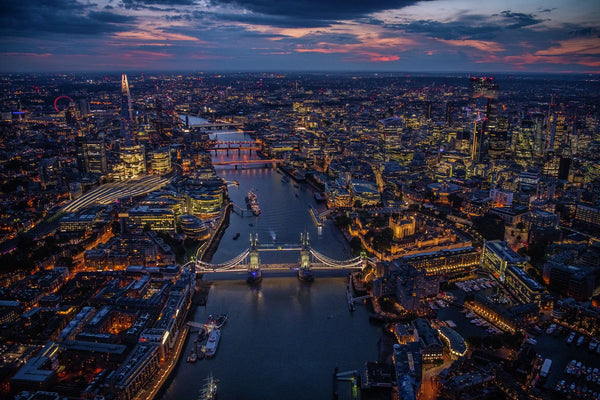 Night aerial view of London, River Thames and Tower Bridge. 402409