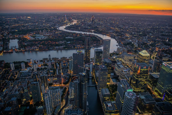 Aerial view of Canary Wharf at dusk, looking West, London. 507406