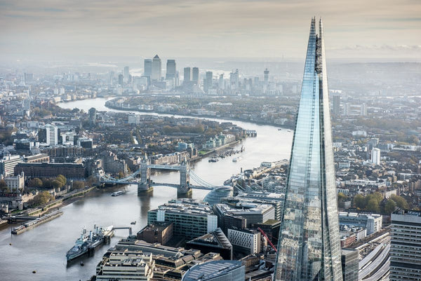 Dawn aerial view of the Shard and Tower Bridge, London. 6282