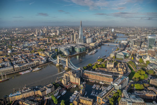 Aerial view of Tower Bridge, Tower of London, River Thames and the Shard, London. 431315