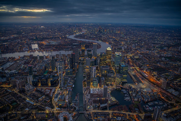 JasonHawkes-582322. Night aerial view of Canary Wharf, London