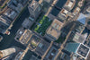 Aerial view looking down onto the towers of Canary Wharf and Jubilee Park, London. 362576