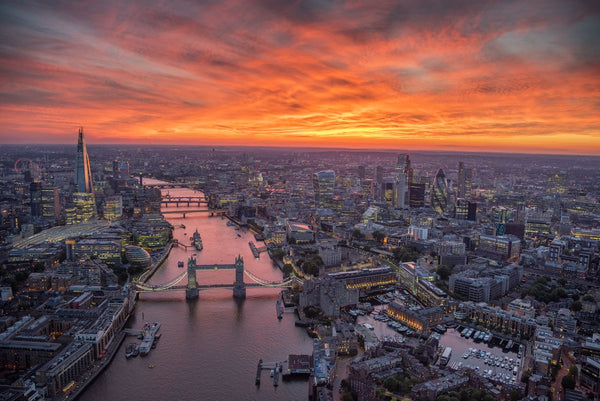Aerial view of London with pink skies, Tower Bridge and River Thames London. ,9668