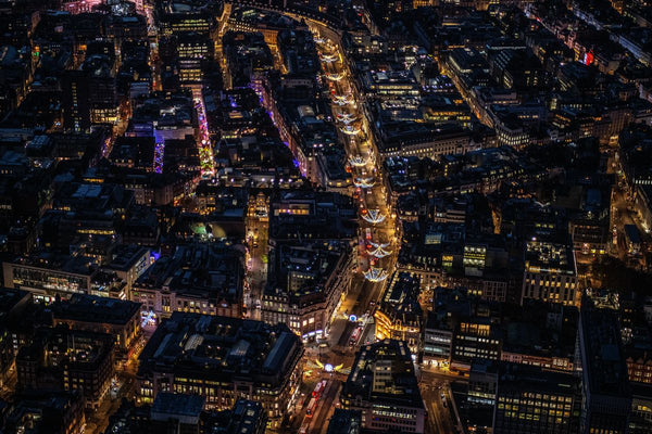Aerial view of Christmas lights on Oxford Circus and Regents St, London. 452425