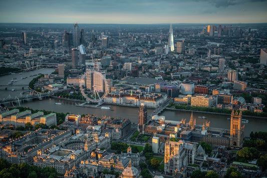Aerial view of Houses of Parliament, Westminster, River Thames and London Eye, London. 371604